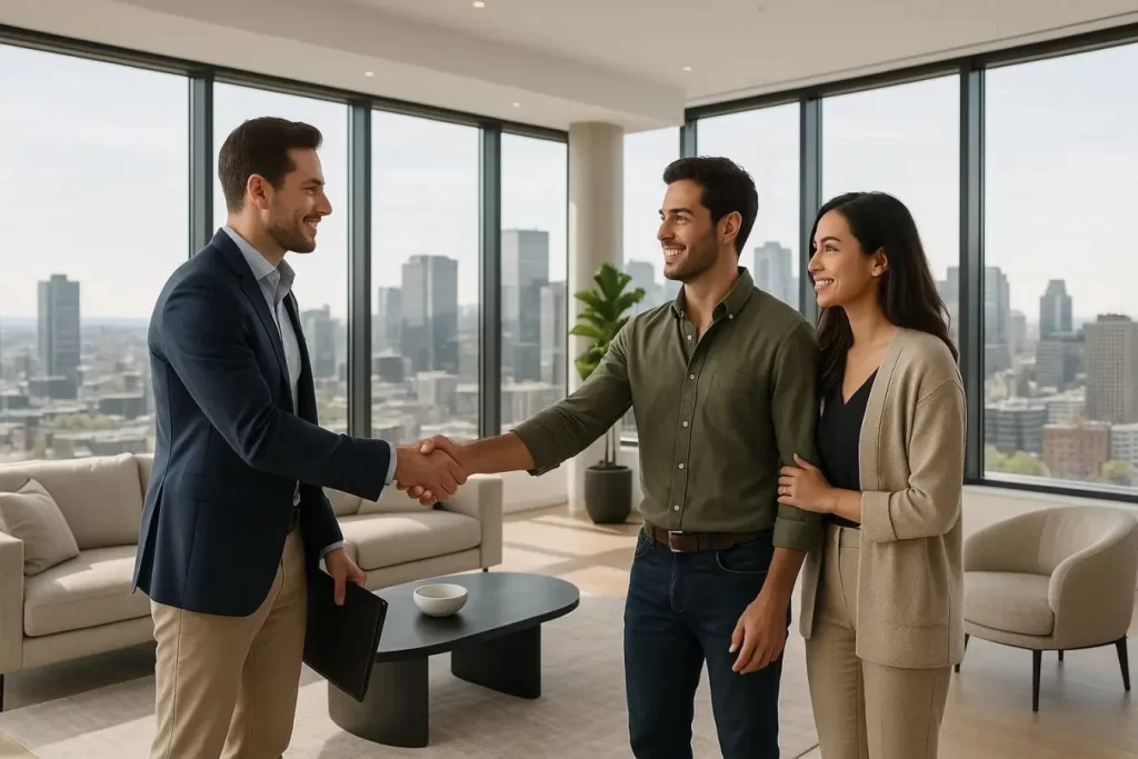 Propriétaire rencontrant locataires potentiels dans penthouse moderne Montréal