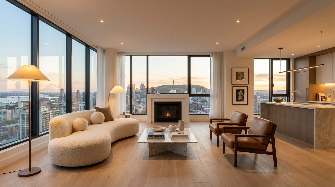 Salon d’un condo moderne avec grandes fenêtres, foyer et vue sur la ville au coucher du soleil.