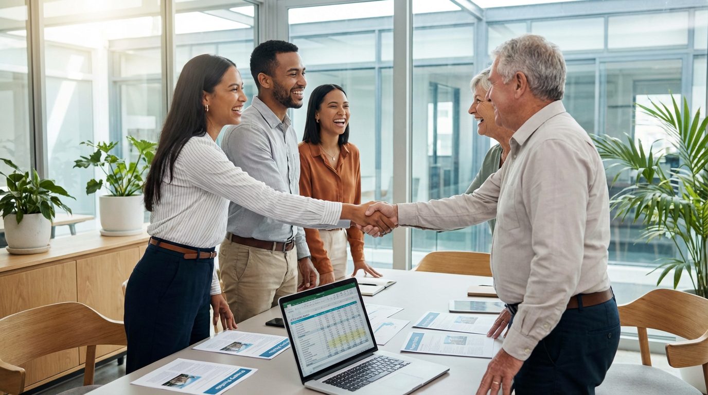 Poignée de main lors d’une rencontre professionnelle pour une entente de location ou de gestion immobilière.