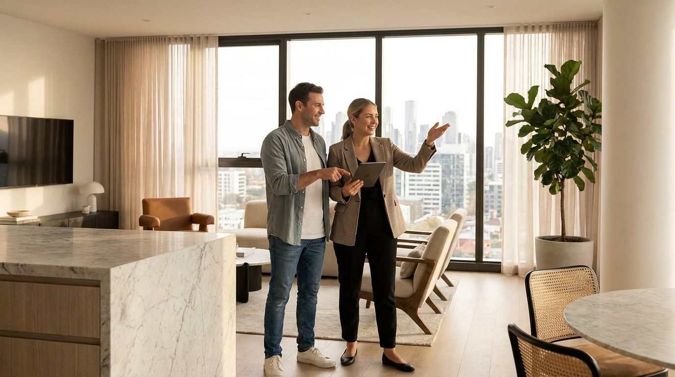 Visite de condo : une agente immobilière présente l’unité à un couple à l’aide d’une tablette.