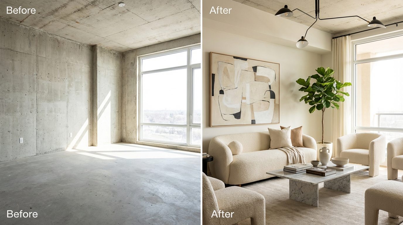 Avant/après d’un condo : espace vide en béton, puis salon meublé et décoré pour la location.