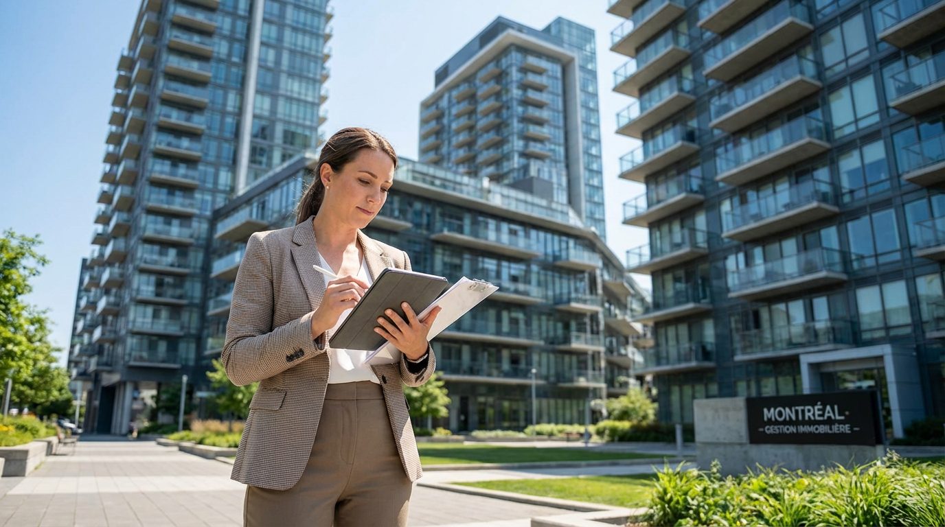 Gestion immobilière à Montréal : une professionnelle prend des notes devant des tours à condos.